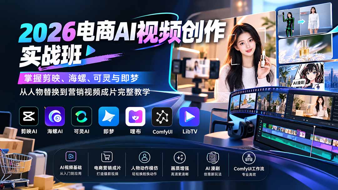 2026电商AI视频创作实战班：掌握剪映、海螺、可灵与即梦，从人物替换到营销视频成片完整教学 - 副业联盟|副业联盟
