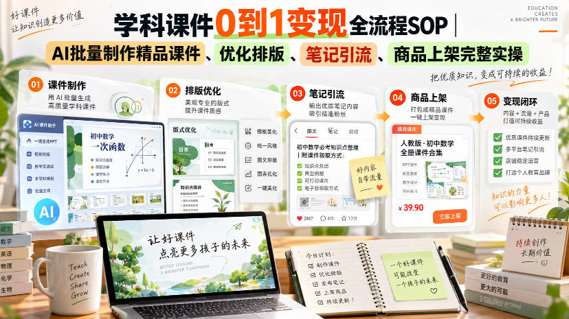 学科课件0到1变现全流程SOP｜AI批量制作精品课件、优化排版、笔记引流、商品上架完整实操​ - 副业联盟|副业联盟