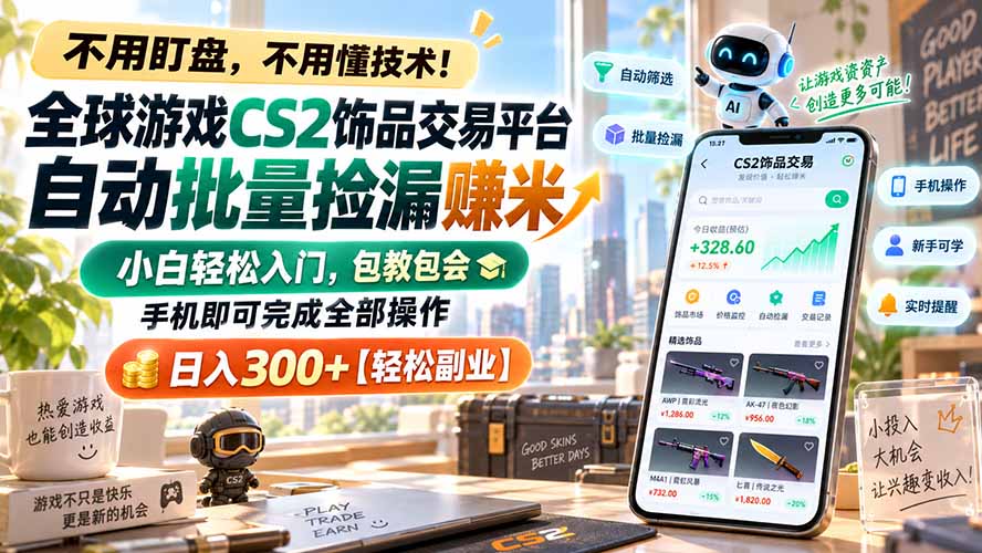 全球游戏CS2饰品交易平台自动批量捡漏赚米,小白轻松入门,包教包会,手机即可完成全部操作,日入300+【轻松副业】|副业联盟