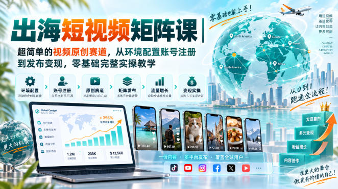 出海短视频矩阵课|超简单的视频原创赛道,从环境配置账号注册到发布变现,零基础完整实操教学|副业联盟