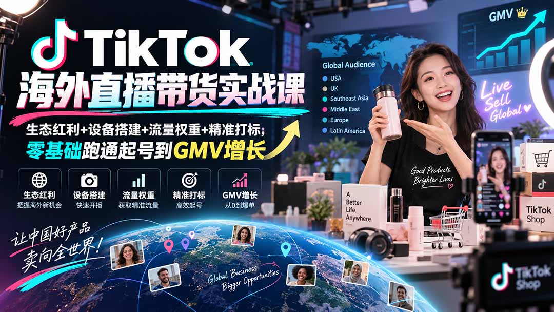 TikTok海外直播带货实战课|生态红利+设备搭建+流量权重+精准打标,零基础跑通起号到GMV增长|副业联盟
