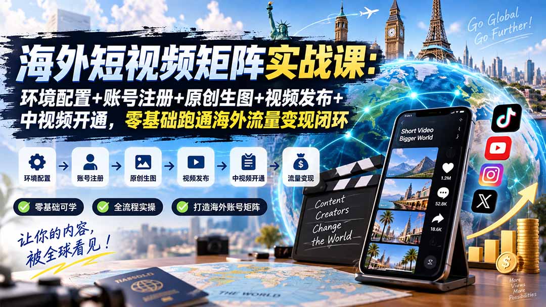海外短视频矩阵实战课:环境配置+账号注册+原创生图+视频发布+中视频开通,零基础跑通海外流量变现闭环|副业联盟