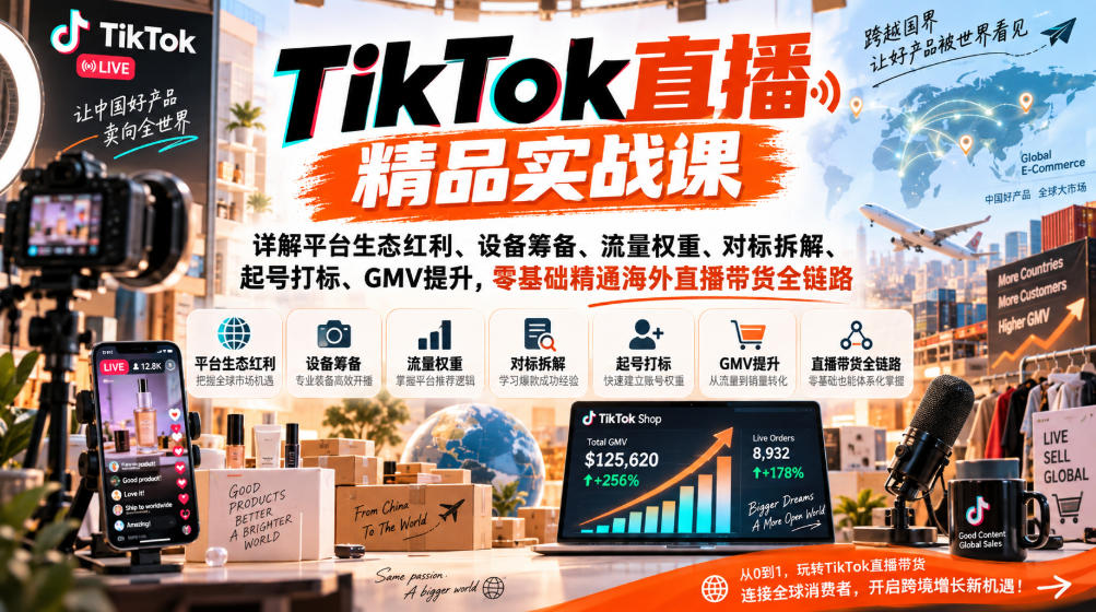 TikTok直播精品实战课,详解平台生态红利、设备筹备、流量权重、对标拆解、起号打标、GMV提升,零基础精通海外直播带货全链路|副业联盟
