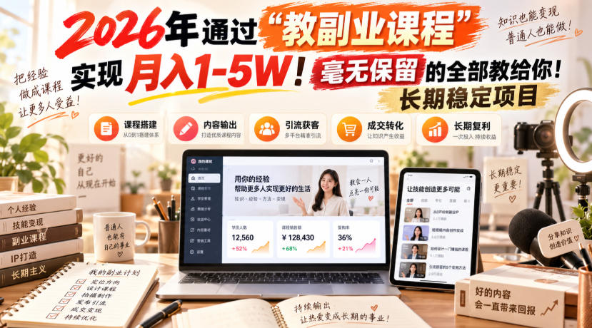 2026年通过“教副业课程”实现月入1-5W!毫无保留的全部教给你!长期稳定项目|副业联盟