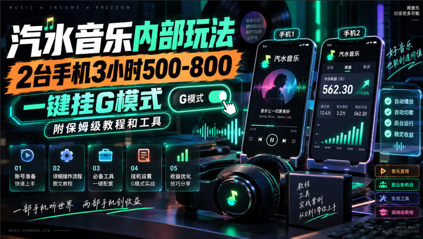 汽水音乐内部玩法,2台手机3小时500-800,一键挂G模式,附保姆级教程和工具【揭秘】|副业联盟