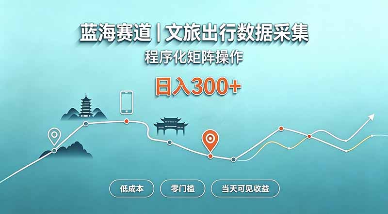 蓝海赛道 文旅出行数据采集 程序化矩阵操作 低成本 零门槛 当天可见收益 日入300+|副业联盟