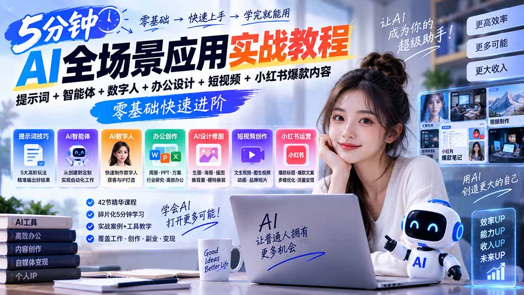 AI全场景应用实战教程|提示词+智能体+数字人+办公设计+短视频+小红书爆款内容,零基础快速进阶|副业联盟