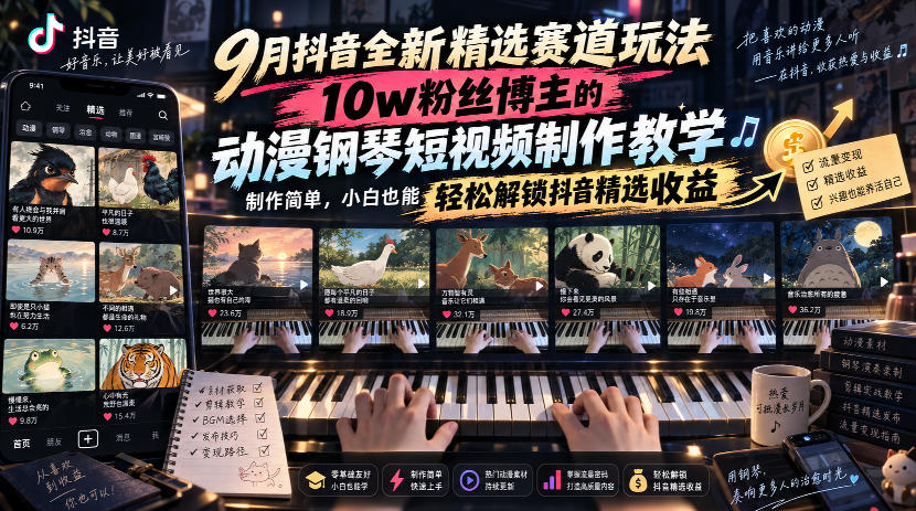 9月抖音全新精选赛道玩法,10w粉丝博主的动漫钢琴短视频制作教学,制作简单,小白也能轻松解锁抖音精选收益|副业联盟