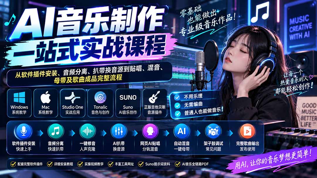 AI音乐制作一站式实战课程:从软件插件安装、音频分离、扒带换音源到贴唱、混音、母带及歌曲成品完整流程|副业联盟
