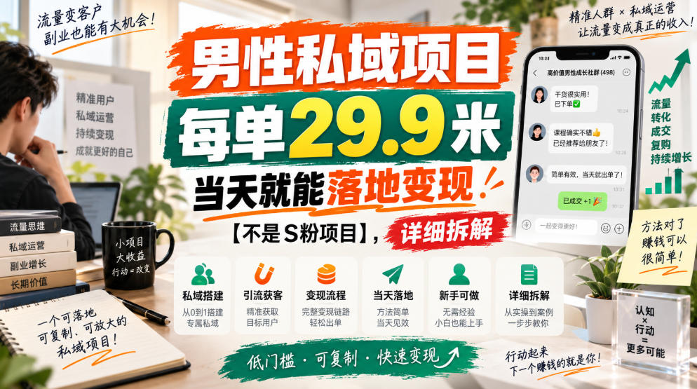 男性私域项目,每单29.9米,当天就能落地变现【不是S粉项目】,详细拆解|副业联盟