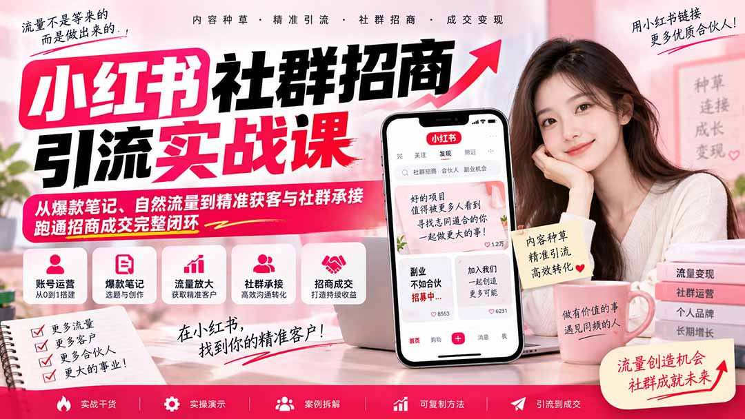 小红书社群招商引流实战课-无水印:从爆款笔记、自然流量到精准获客与社群承接,跑通招商成交完整闭环|副业联盟