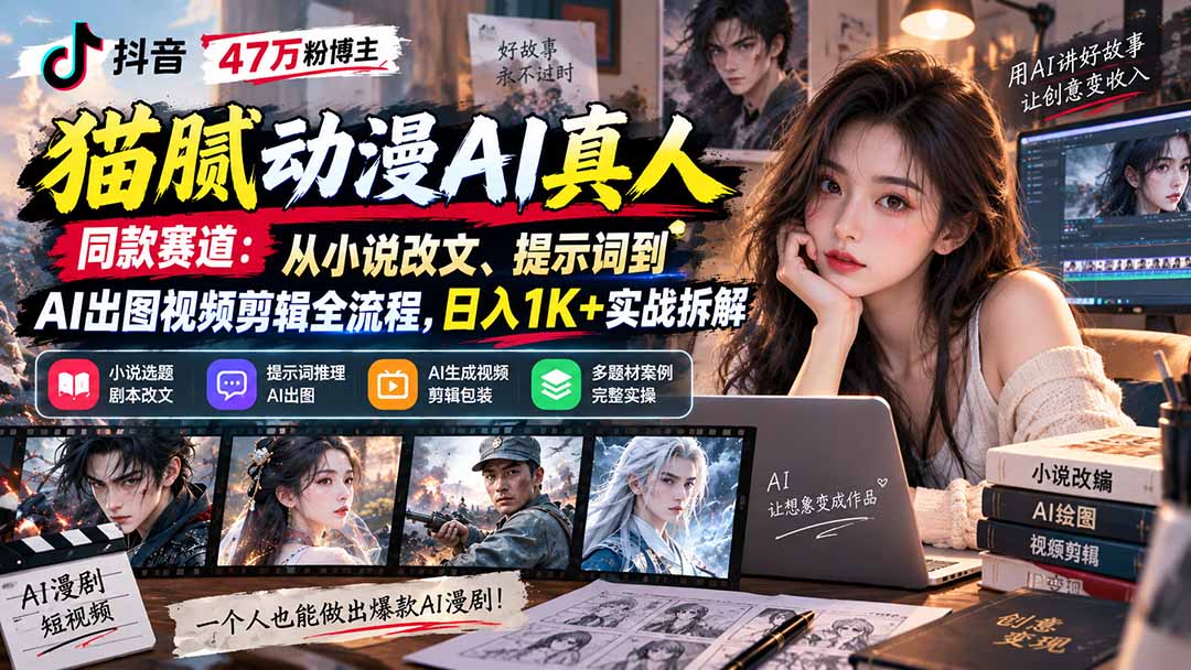 抖音47万粉博主猫腻动漫AI真人同款赛道:从小说改文、提示词到AI出图视频剪辑全流程,日入1K+实战拆解|副业联盟