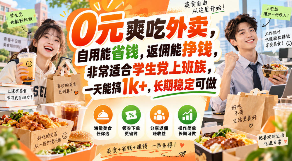 0元爽吃外卖,自用能省钱,返佣能挣钱,非常适合学生党上班族,一天能搞1k+,长期稳定可做|副业联盟