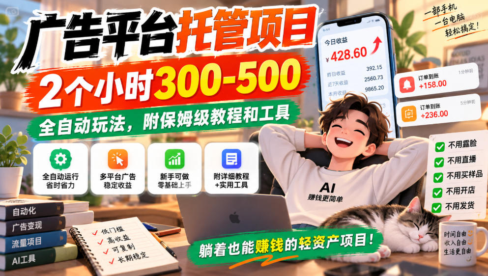 广告平台托管项目,2个小时300-500,全自动玩法,附保姆级教程和工具,小白照着就能做【揭秘】|副业联盟