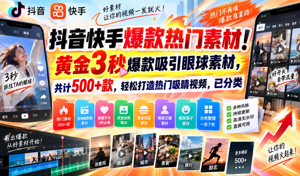 抖音快手爆款热门素材!黄金3秒爆款吸引眼球素材,共计500+款,轻松打造热门吸睛视频,已分类|副业联盟