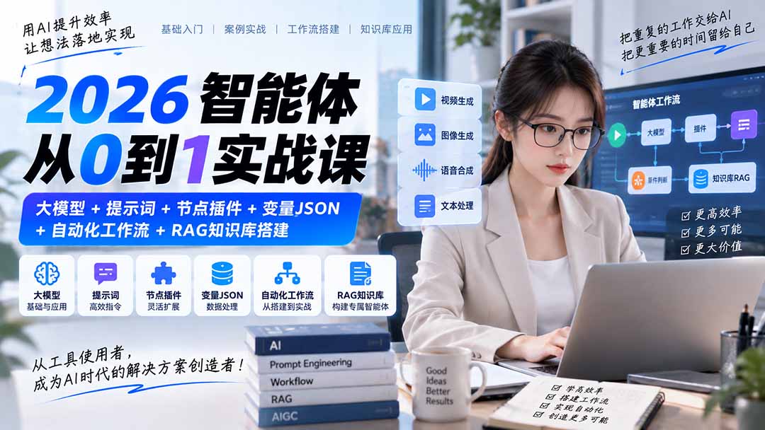 2026智能体从0到1实战课|大模型+提示词+节点插件+变量JSON+自动化工作流+RAG知识库搭建|副业联盟