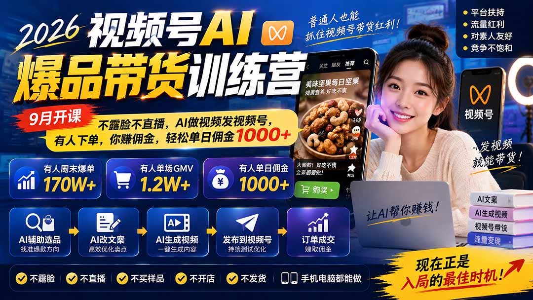 2026视频号AI爆品带货训练营-9月开课|不露脸不直播,AI做视频发视频号,有人下单,你赚佣金,轻松单日佣金1000+|副业联盟