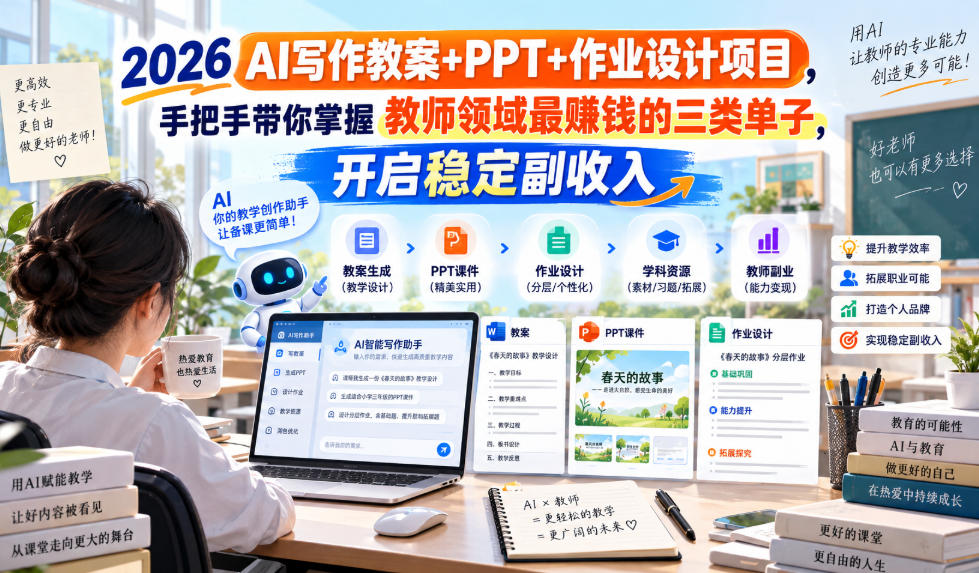 2026 AI写作教案+PPT+作业设计项目,手把手带你掌握教师领域最賺钱的三类单子,开启稳定副收入|副业联盟