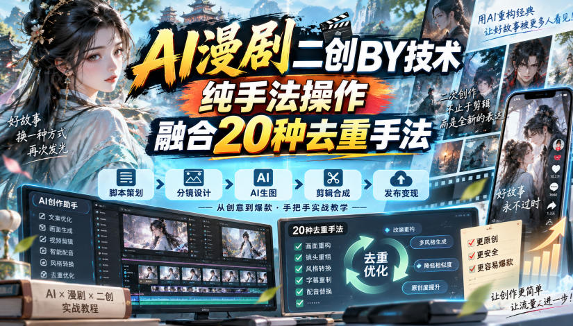 AI漫剧二创搬运技术，纯手法操作，融合20种去重手法|副业联盟