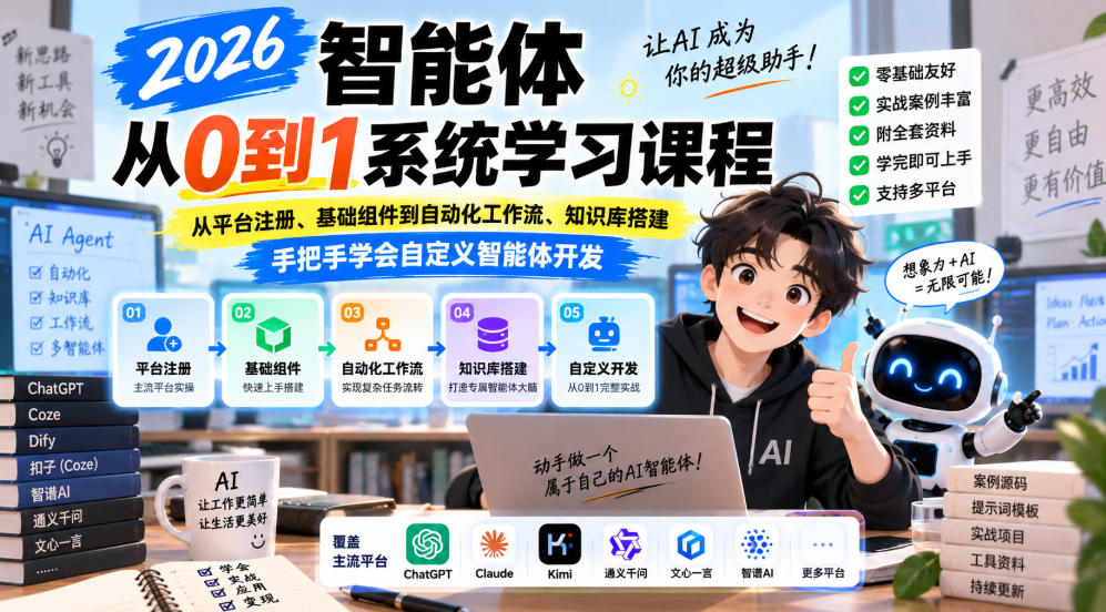 2026智能体从0到1系统学习课程,从平台注册、基础组件到自动化工作流、知识库搭建,手把手学会自定义智能体开发|副业联盟