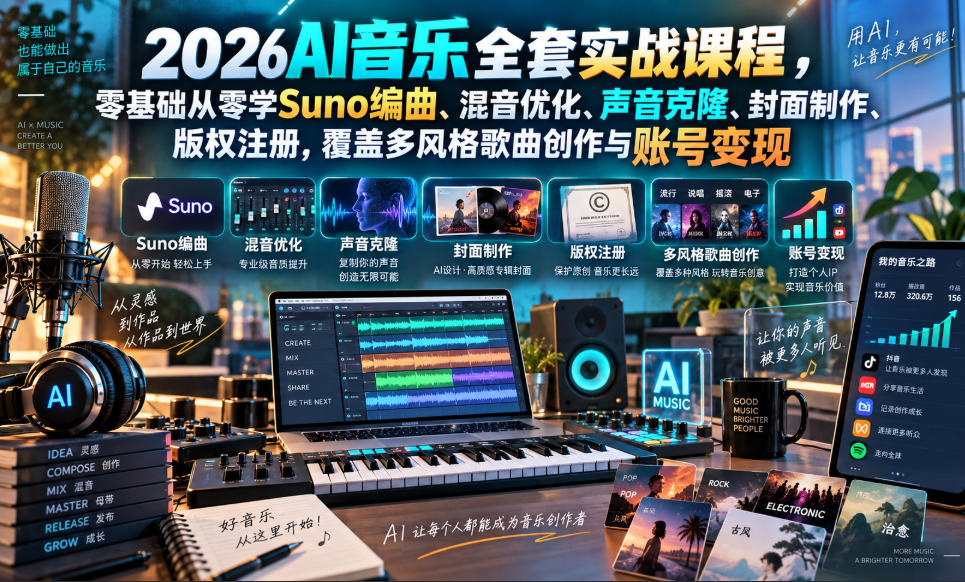 2026AI音乐实战课程，零基础从零学Suno编曲、混音优化、声音克隆、版权注册，覆盖多风格歌曲创作与账号变现 - 副业联盟|副业联盟