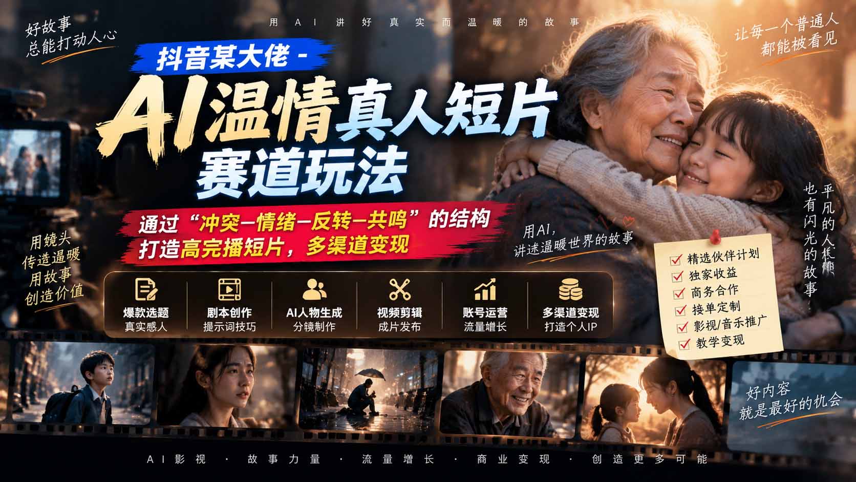 抖音某大佬-AI温情真人短片赛道玩法：通过“冲突—情绪—反转—共鸣”的结构打造高完播短片，多渠道变现|副业联盟