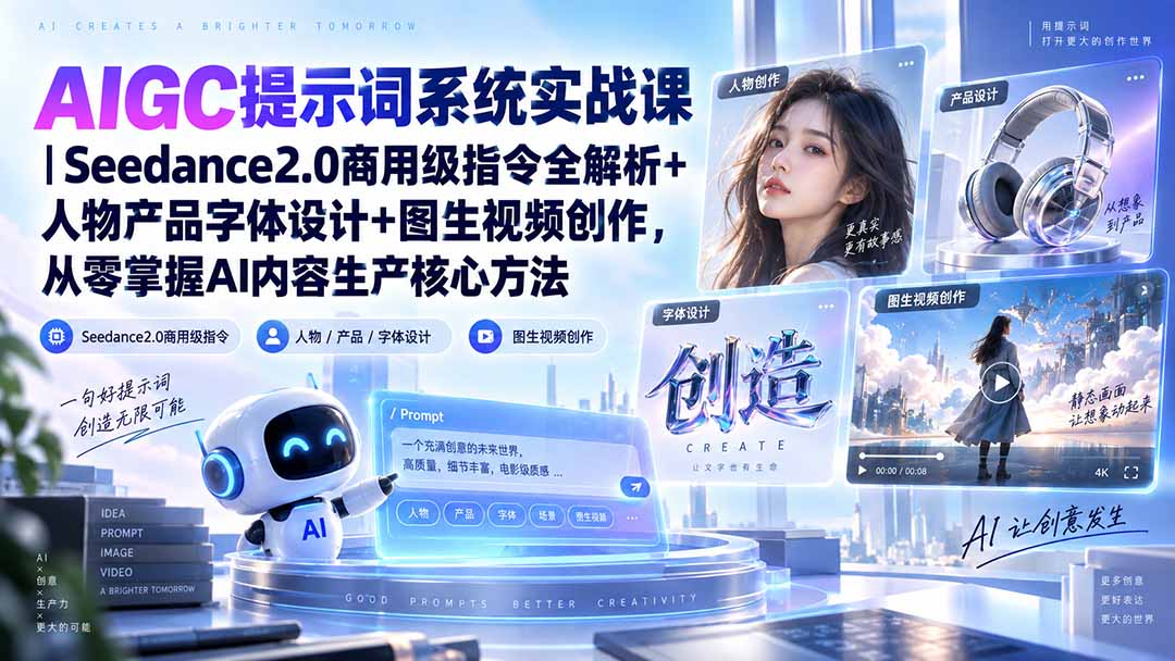 AIGC提示词系统实战课-无水印|Seedance2.0商用级指令全解析+人物产品字体设计+图生视频创作,掌握AI内容生产方法|副业联盟