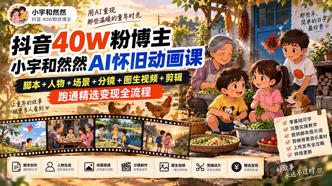 抖音40W粉博主小宇和然然AI怀旧动画课|脚本+人物+场景+分镜+图生视频+剪辑,跑通精选变现全流程|副业联盟