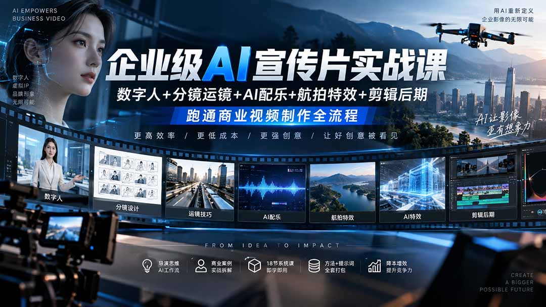 企业级AI宣传片实战课|数字人+分镜运镜+AI配乐+航拍特效+剪辑后期,跑通商业视频制作全流程|副业联盟