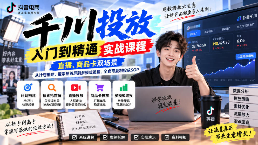 千川投放入门到精通实战课程,直播、商品卡双场景,从计划搭建、搜索抢首屏到多模式追投,全套可复制投放SOP|副业联盟