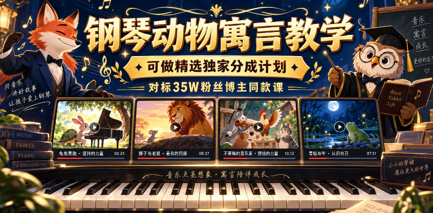 钢琴动物寓言教学,可做精选独家分成计划,对标35W粉丝博主同款课|副业联盟