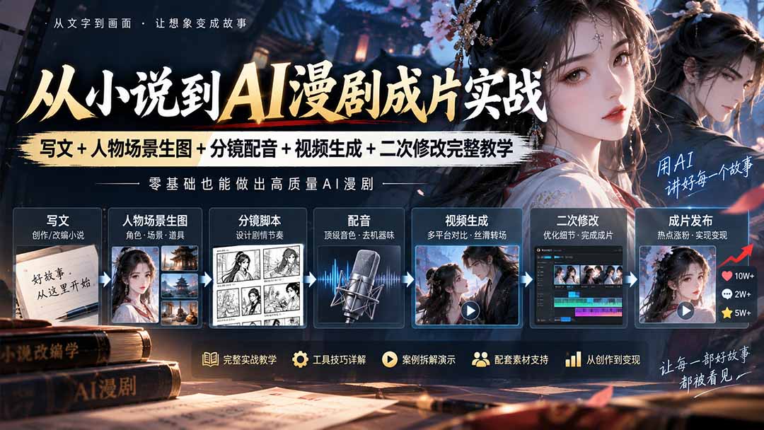 从小说到AI漫剧成片实战:写文+人物场景生图+分镜配音+视频生成+二次修改完整教学|副业联盟