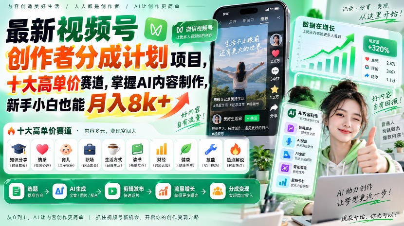 最新视频号创作者分成计划项目,十大高单价赛道,掌握AI内容制作,新手小白也能月入8k+|副业联盟