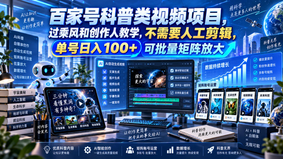 百家号科普类视频项目,过乘风和创作人教学,不需要人工剪辑,单号日入100+可批量矩阵放大|副业联盟