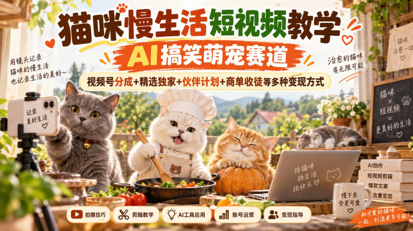 猫咪慢生活短视频教学,AI搞笑萌宠赛道,视频号分成+精选独家+伙伴计划+商单收徒等多种变现方式|副业联盟