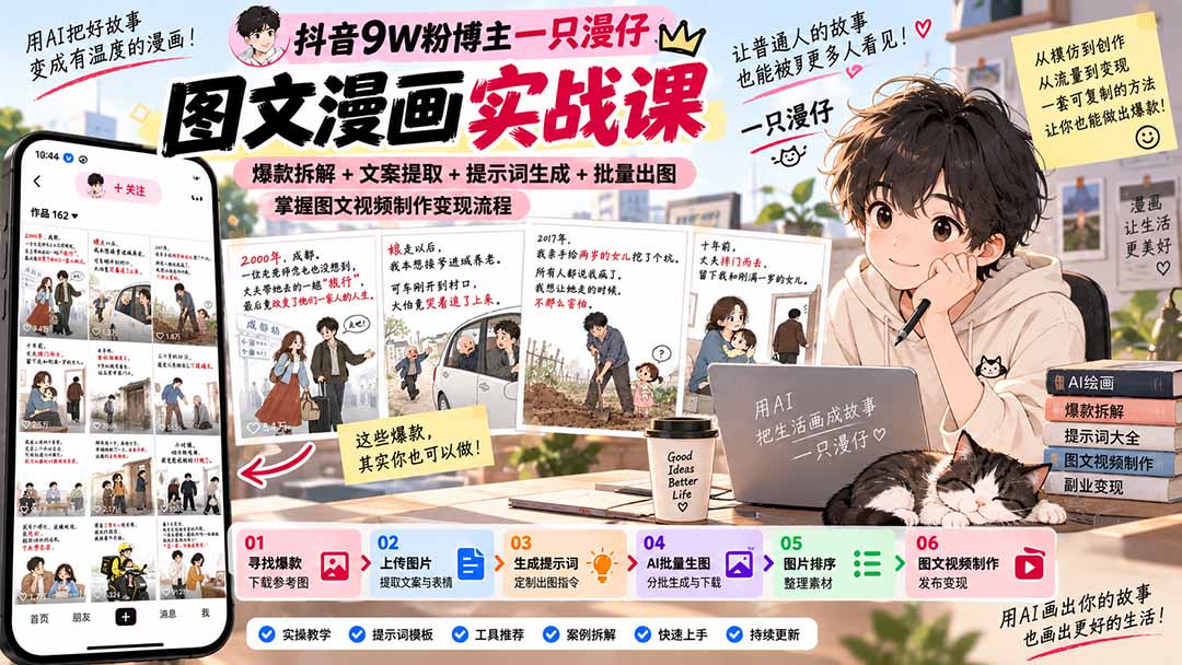 抖音9W粉博主一只漫仔图文漫画课:爆款拆解+文案提取+提示词生成+批量出图,掌握图文视频制作变现流程|副业联盟