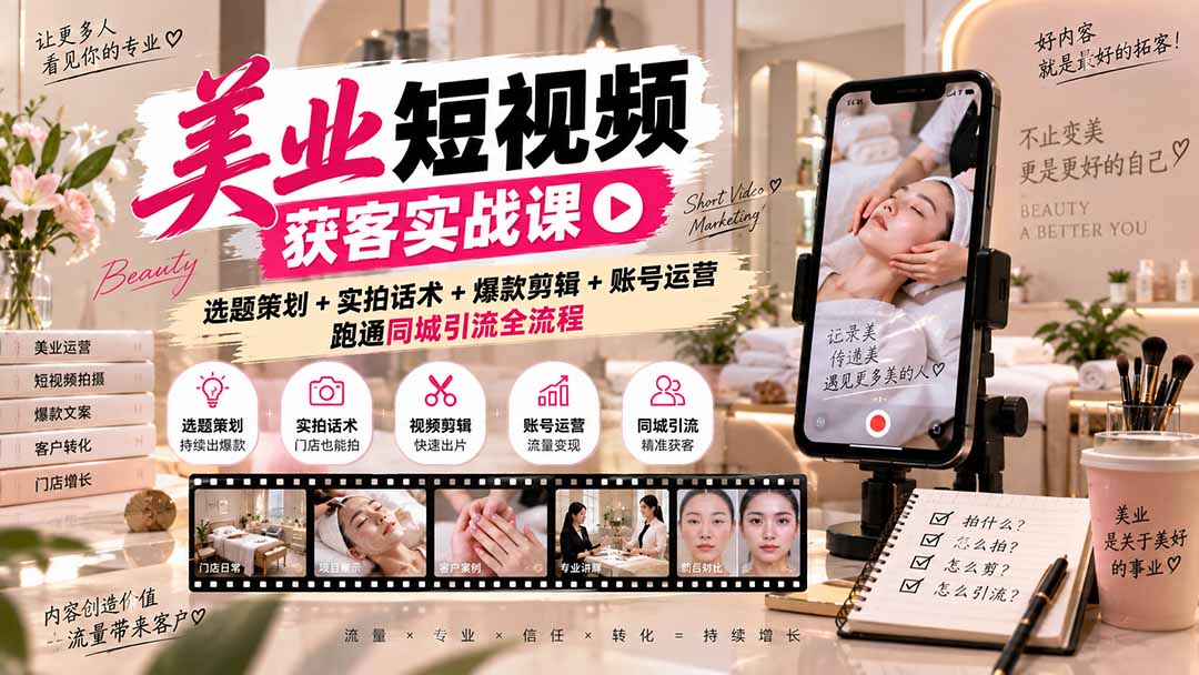 美业短视频获客实战课-无水印:选题策划+实拍话术+爆款剪辑+账号运营,跑通同城引流全流程|副业联盟
