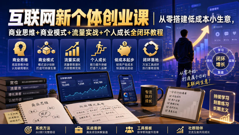 互联网新个体创业课|从零搭建低成本小生意,商业思维+商业模式+流量实战+个人成长全闭环教程(更新0922)|副业联盟