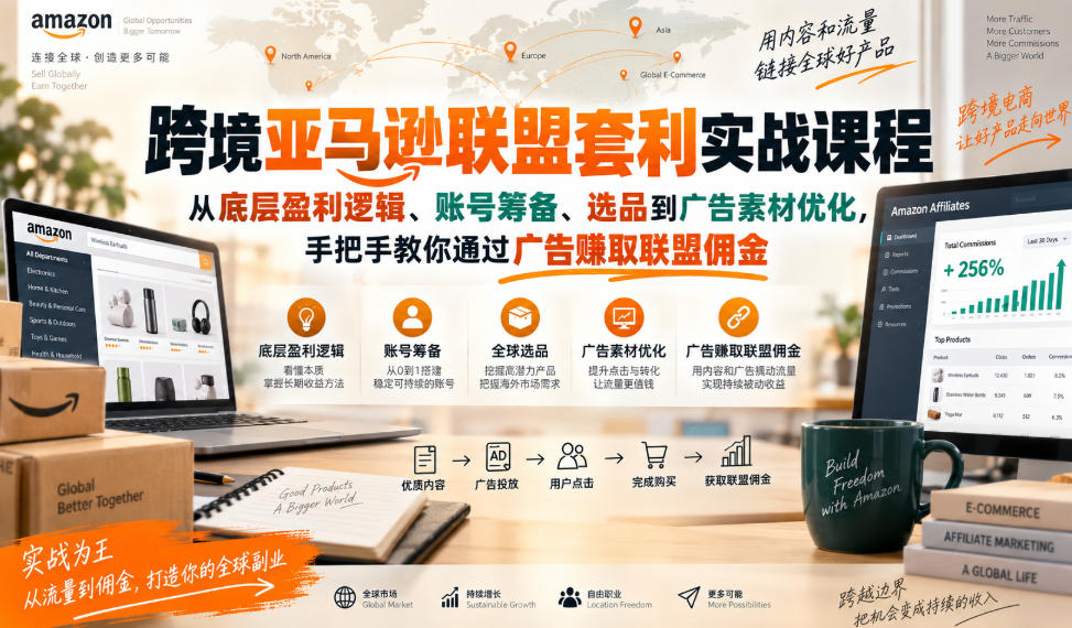 跨境亚马逊联盟套利实战课程,从底层盈利逻辑、账号筹备、选品到广告素材优化,手把手教你通过广告賺取联盟佣金|副业联盟