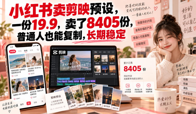 小红书卖剪映预设,一份19.9,卖了8405份,普通人也能复制,长期稳定|副业联盟
