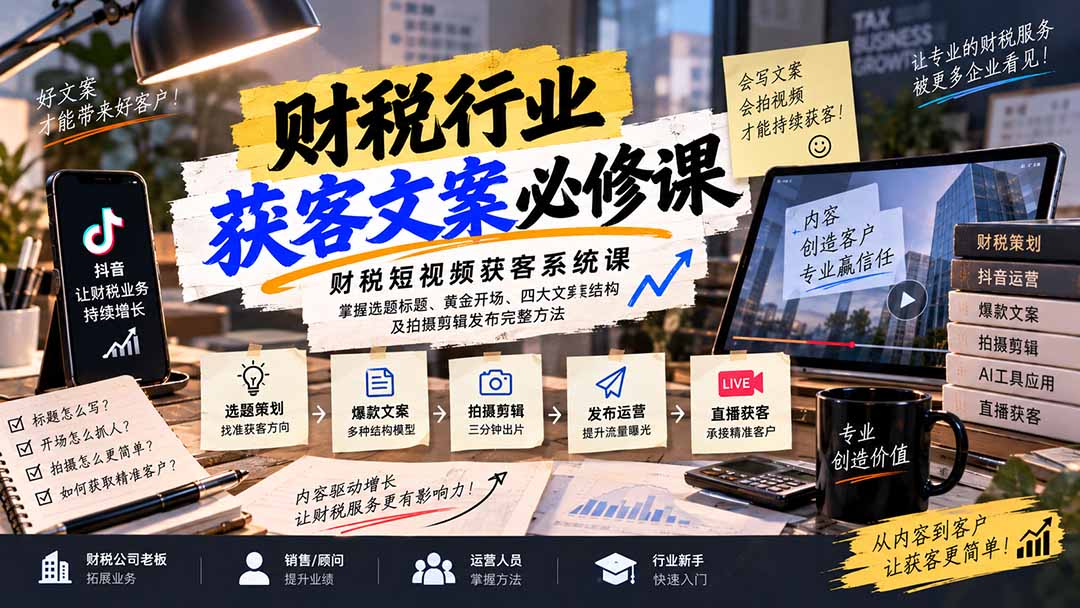 财税短视频获客系统课:掌握选题标题、黄金开场、四大文案结构及拍摄剪辑发布完整方法|副业联盟