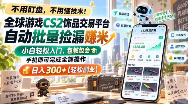 全球游戏CS2饰品交易平台自动批量捡漏賺米,小白轻松入门,包教包会,手机即可完成全部操作,日入300+【揭秘】|副业联盟