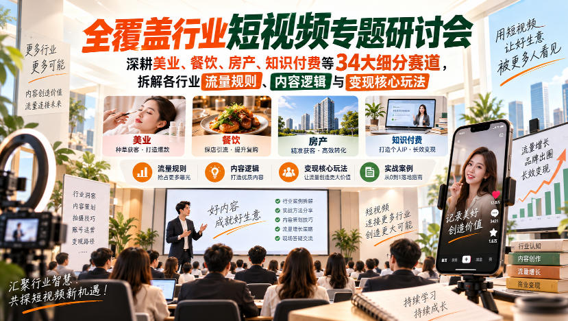 短视频专题研讨会,深耕美业、餐饮、房产、知识付费等34大细分赛道,拆解各行业流量规则、内容逻辑与变现核心玩法|副业联盟