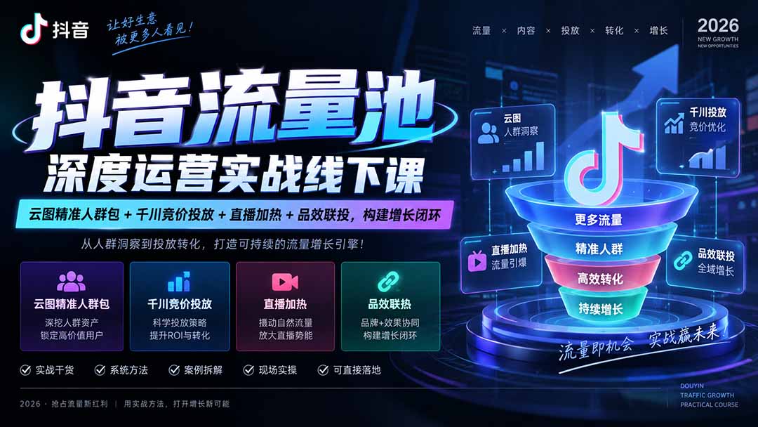 抖音流量池深度运营实战线下课｜云图精准人群包+千川竞价投放+直播加热+品效联投，构建增长闭环 - 副业联盟|副业联盟