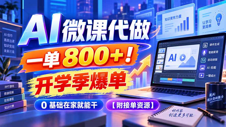 AI 微课代做，一单 800+！开学季爆单，0 基础在家就能干【附接单资源】 - 副业联盟|副业联盟