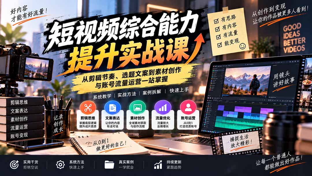 短视频综合能力提升实战课:从剪辑节奏、选题文案到素材创作与账号流量运营一站掌握|副业联盟