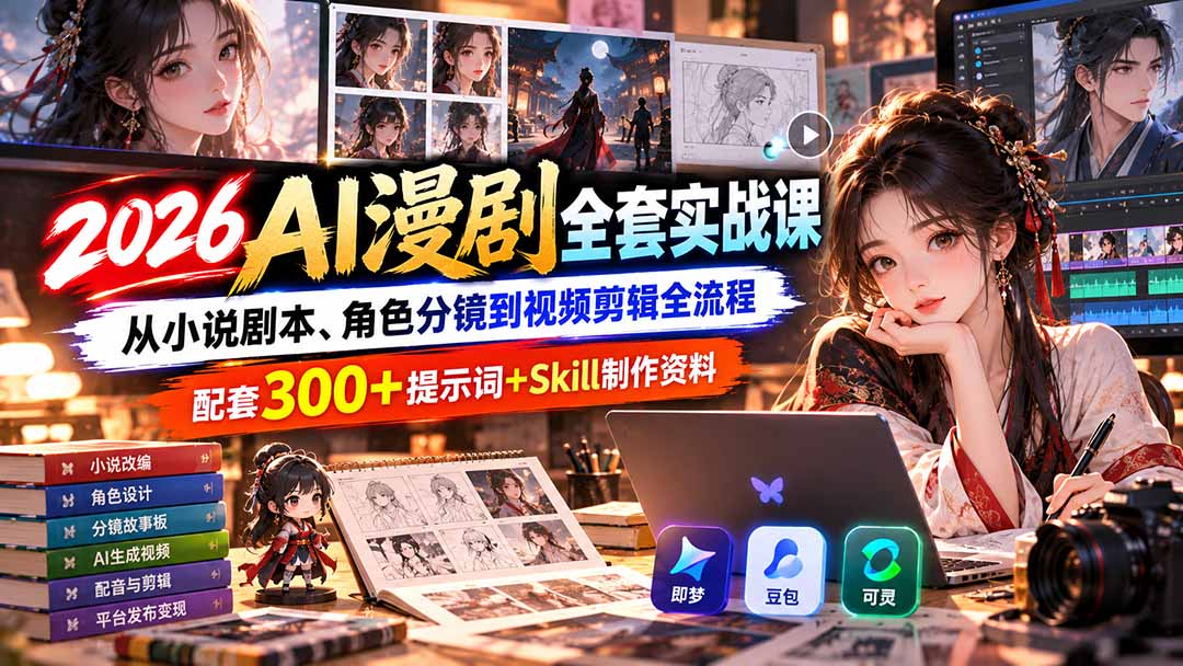【无水印】2026AI漫剧全套实战课:从小说剧本、角色分镜到视频剪辑全流程,配套300+提示词+Skill制作资料|副业联盟