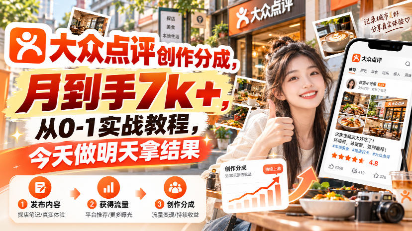 大众点评创作分成,月到手7k+,从0-1实战教程,今天做明天拿结果|副业联盟