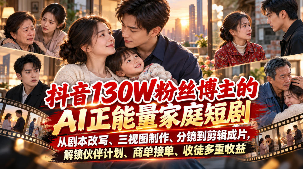 抖音130W粉丝博主的AI正能量家庭短剧，从剧本改写、三视图制作、分镜到剪辑成片，解锁伙伴计划、商单接单、收徒多重收益 - 副业联盟|副业联盟
