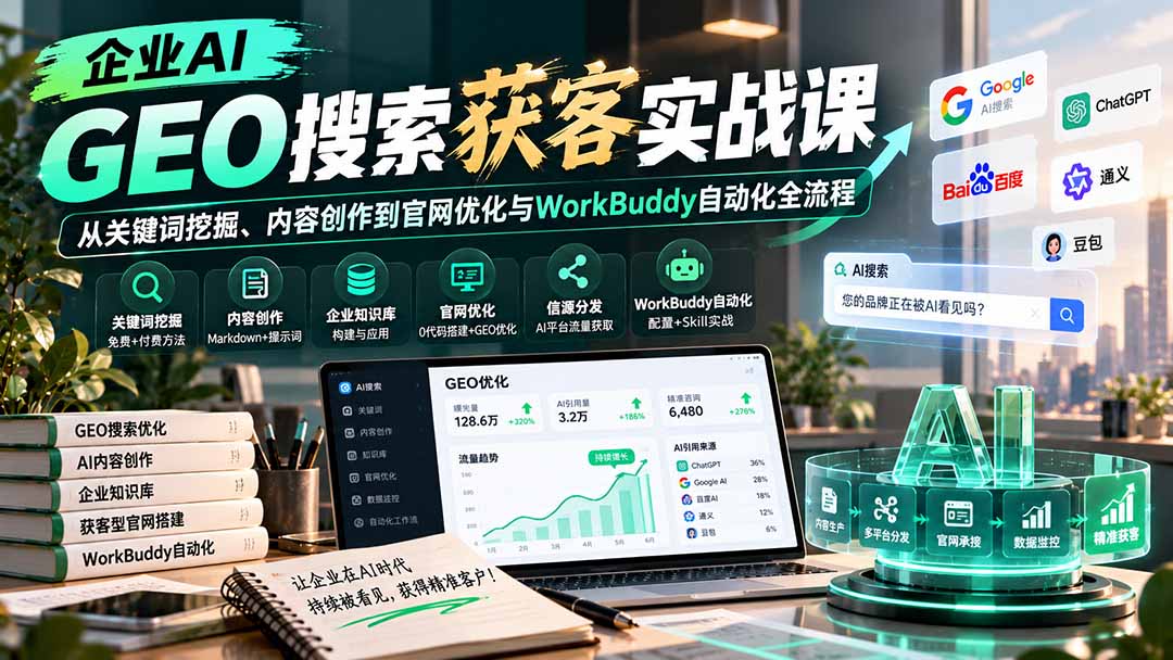 企业AI GEO搜索获客实战课:从关键词挖掘、内容创作到官网优化与WorkBuddy自动化全流程|副业联盟